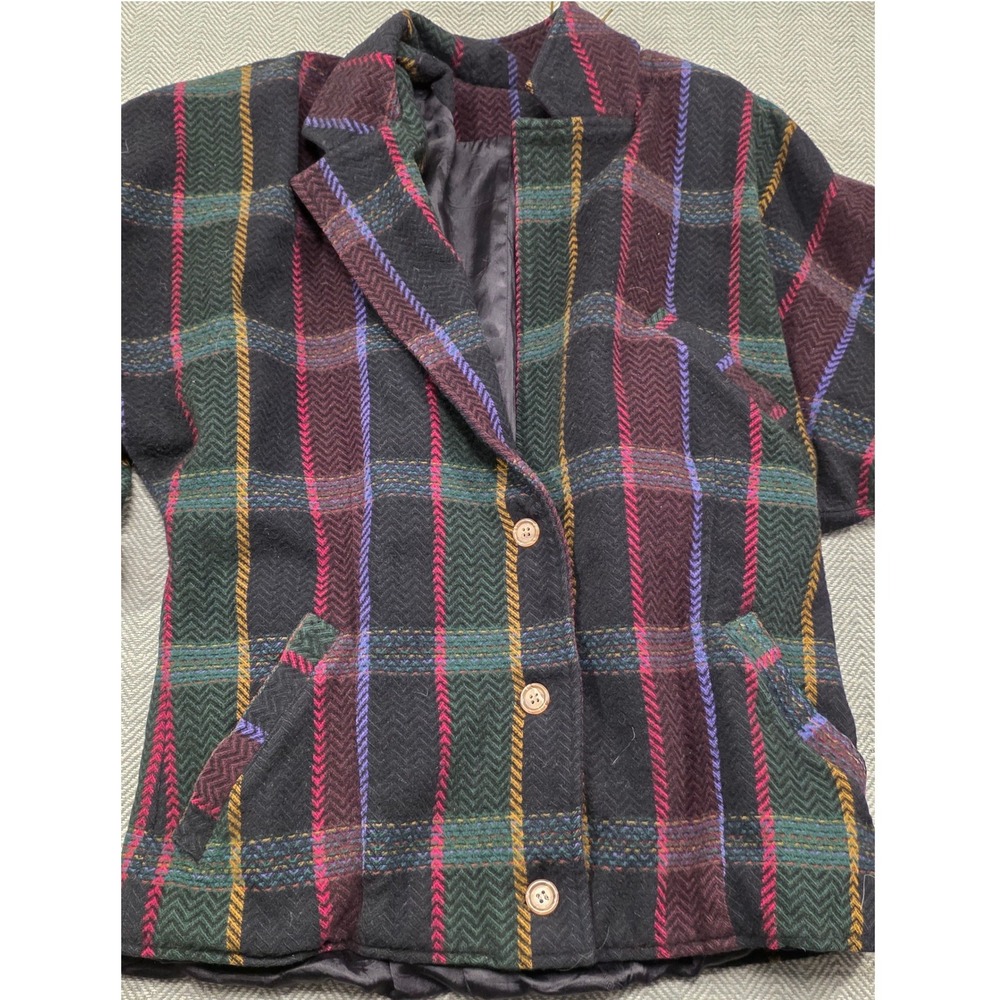 Lynn Novak Vintage 100% Wool Plaid‎ Blazer Jacket Jewel Tone Herringbone Size 6